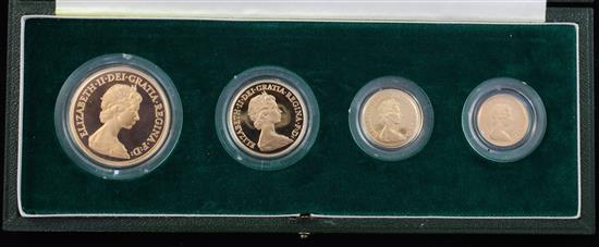 A cased Royal Mint 1980 gold four coin proof set, £5, £2, sovereign and half sovereign proof set